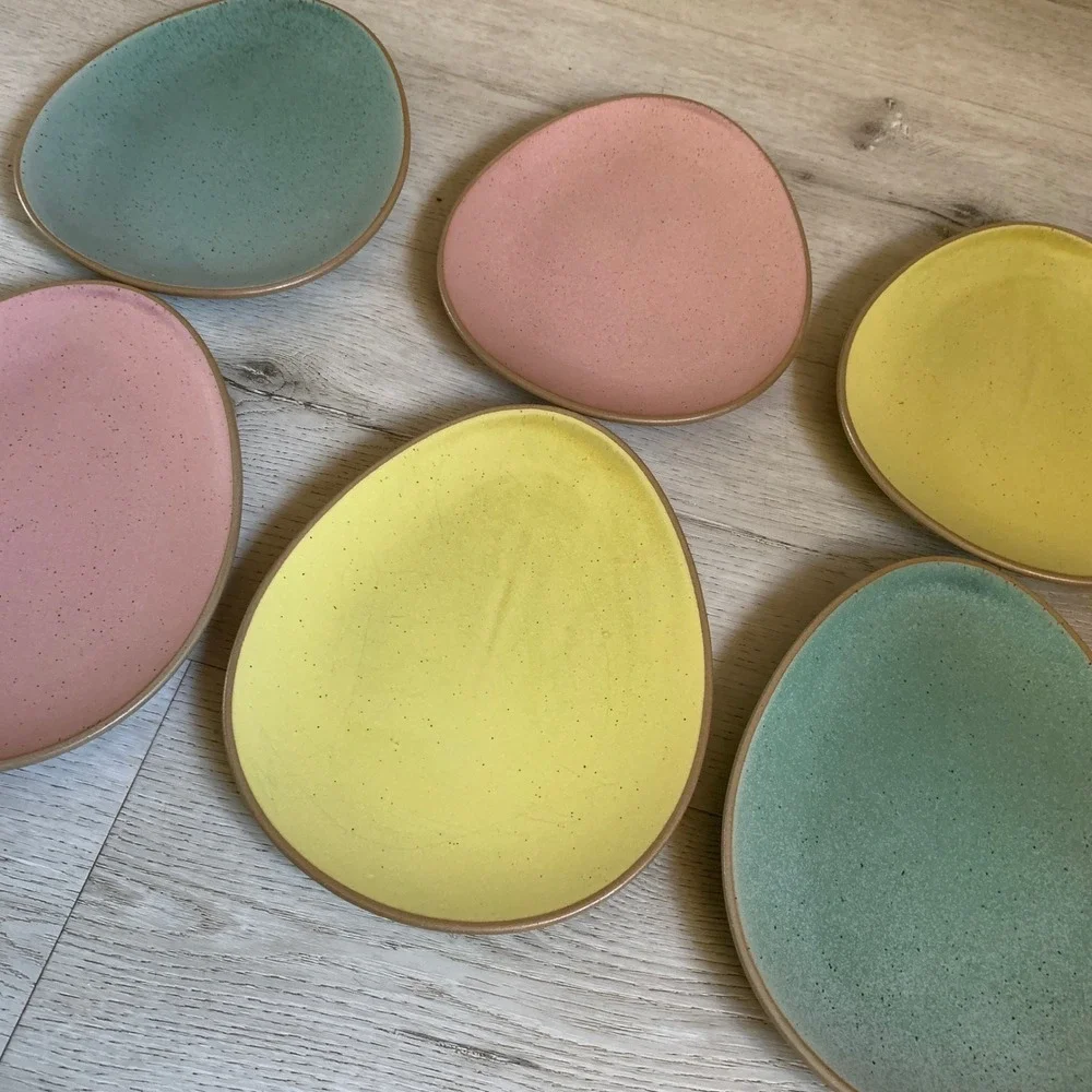 Threshold Egg Shaped Stoneware‎ Plates Set of 6 Pastel Easter Spring Speckled 8